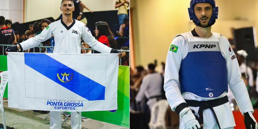 Professor Valdemar Junior Lima em ação carregando a bandeira de Ponta Grossa