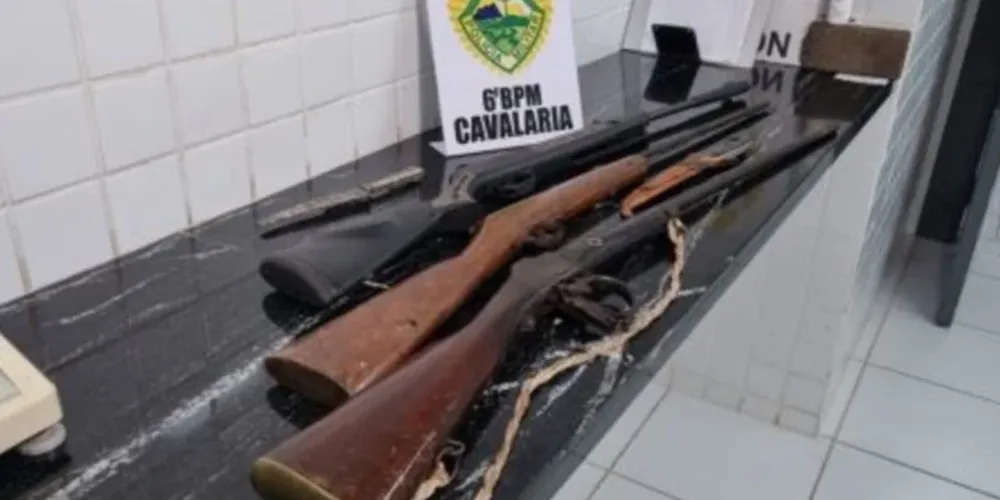 Policiais apreenderam duas espingardas, uma espingarda de pressão e duas facas