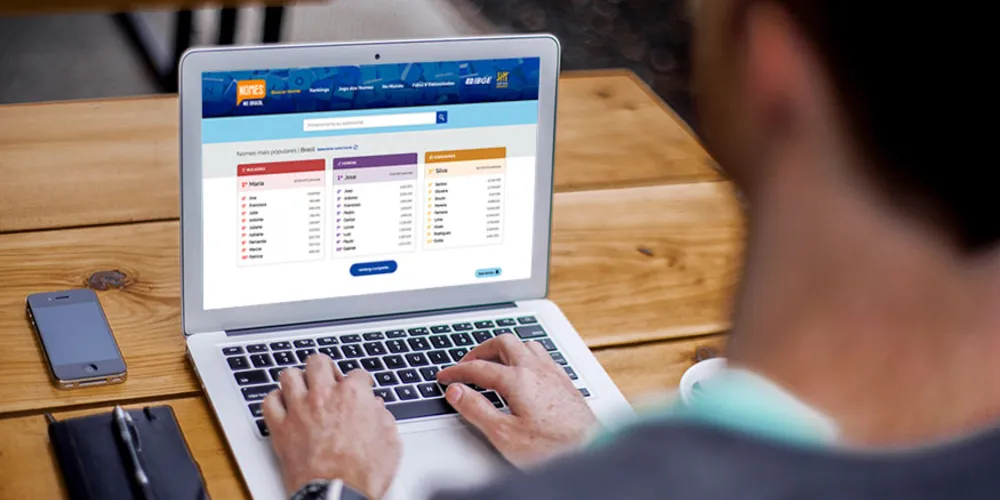 O site disponibiliza nomes e sobrenomes organizados por gênero, período de nascimento da pessoa e letra inicial