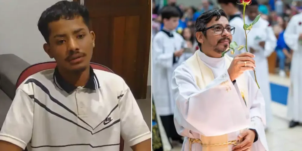 Leanderson de Oliveira Junior, de 18 anos, e padre Alexsandro da Silva Lima