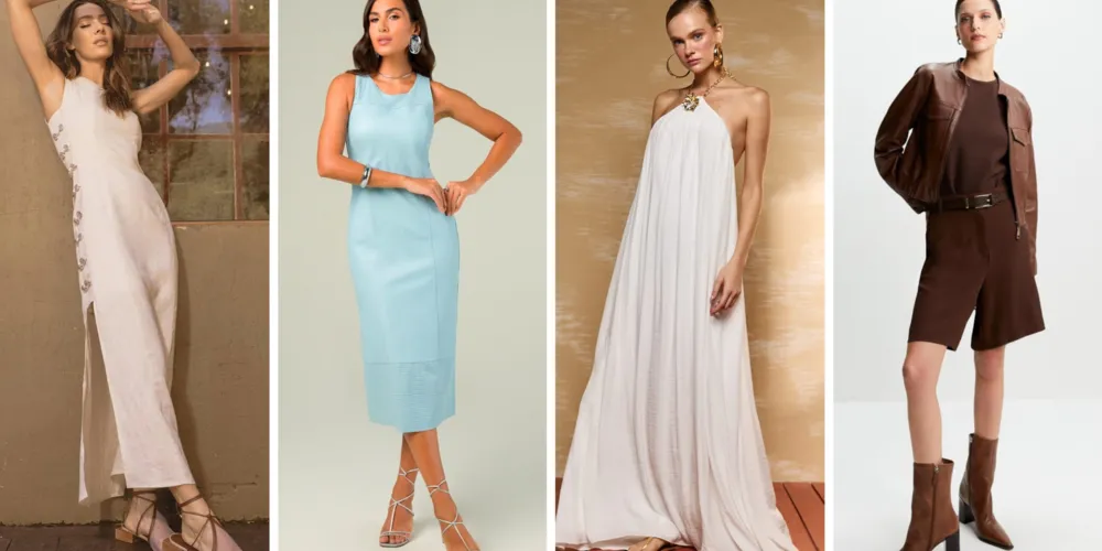 Os tons suaves, como azul-claro e manteiga, surgem para reforçar a leveza típica do verão. São cores discretas, elegantes e combinam com o clima quente e com o dia a dia da mulher moderna
