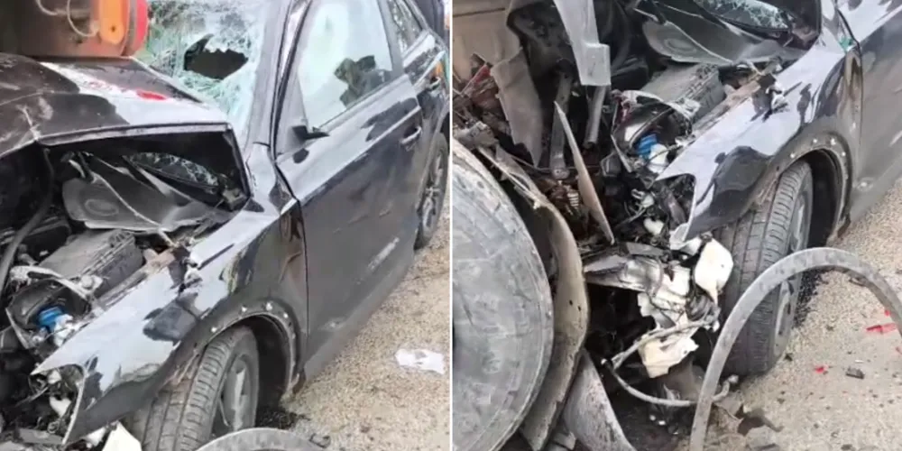 Carro teve a parte frontal totalmente destruída