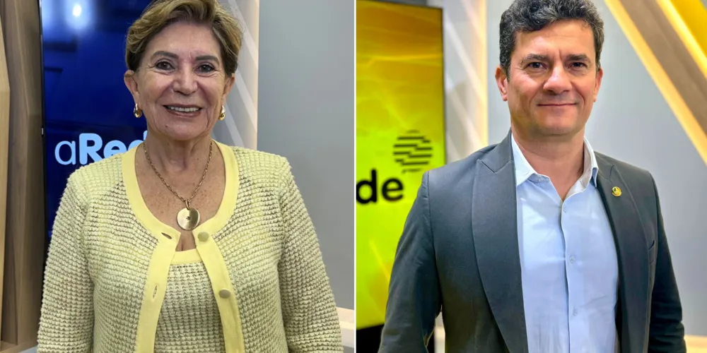 A prefeita Elizabeth Schmidt (União Brasil) e o senador Sergio Moro (União Brasil) participam de evento que debate segurança pública a nível nacional