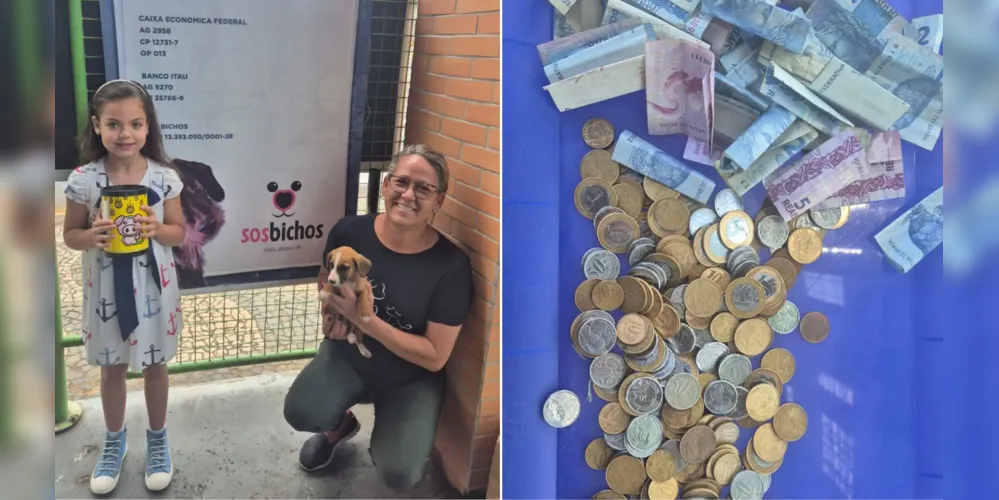 Heloisa levou o seu cofre de moedas para comprar ração de animais resgatados em Ponta Grossa