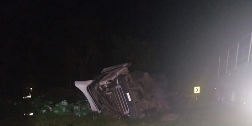 Caminhão tombou e parou às margens da rodovia