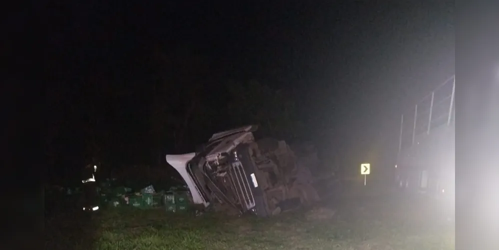 Caminhão tombou e parou às margens da rodovia
