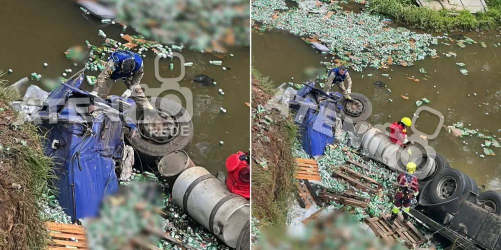 Parte do caminhão foi parar debaixo d'água