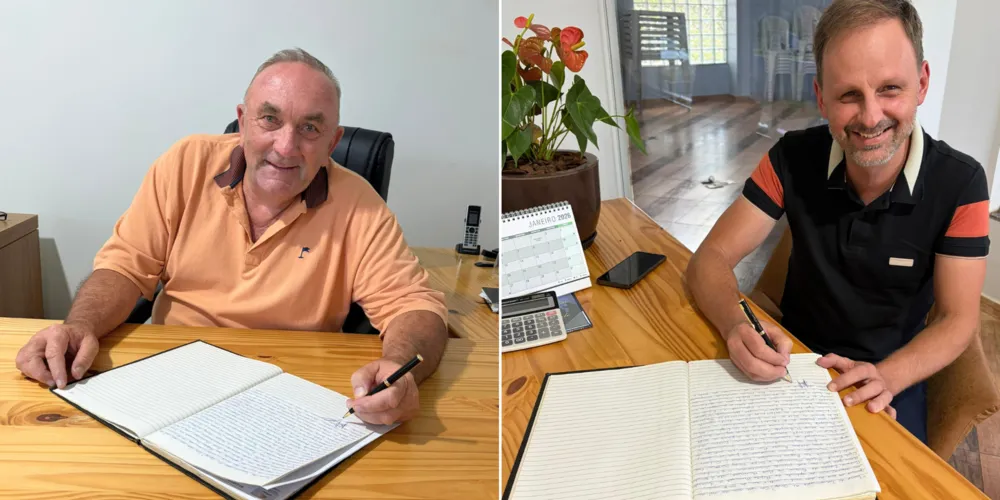 A esquerda prefeito Oziel Neivert e a direita o vice-prefeito Harry Cristhian Emanuel Czelusniak