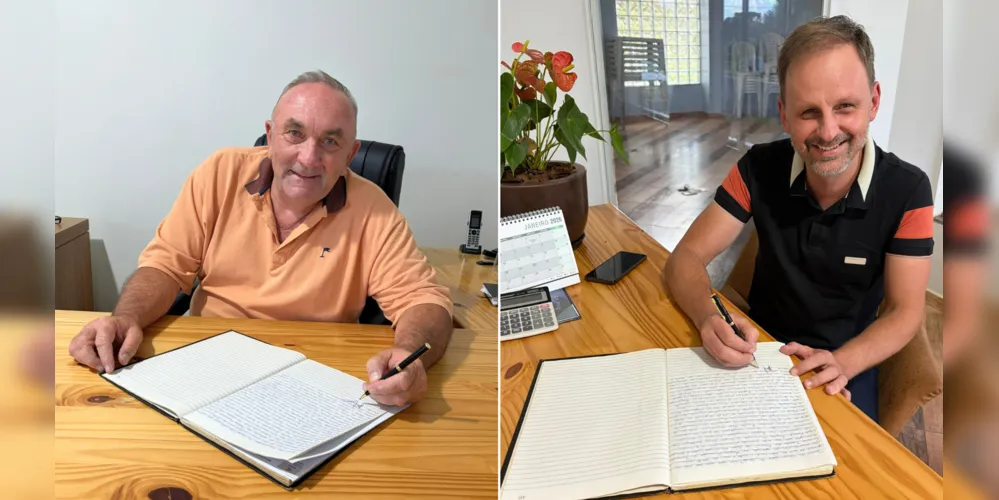 A esquerda prefeito Oziel Neivert e a direita o vice-prefeito Harry Cristhian Emanuel Czelusniak