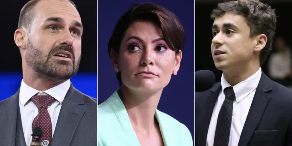 Ex-deputado federal Eduardo Bolsonaro, ex-primeira-dama Michelle Bolsonaro e o deputado federal Nikolas Ferreira