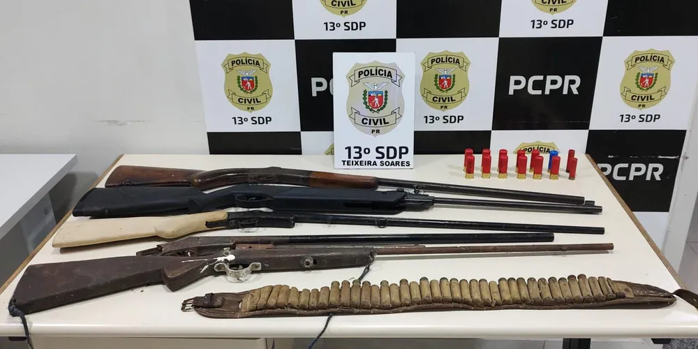 Durante a ação, policiais apreenderam quatro armas de fogo, uma espingarda de pressão e 35 munições de diversos calibres