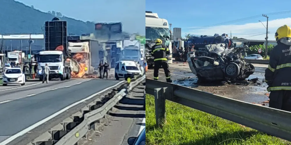 A colisão envolveu uma carreta, um caminhão e uma Kombi