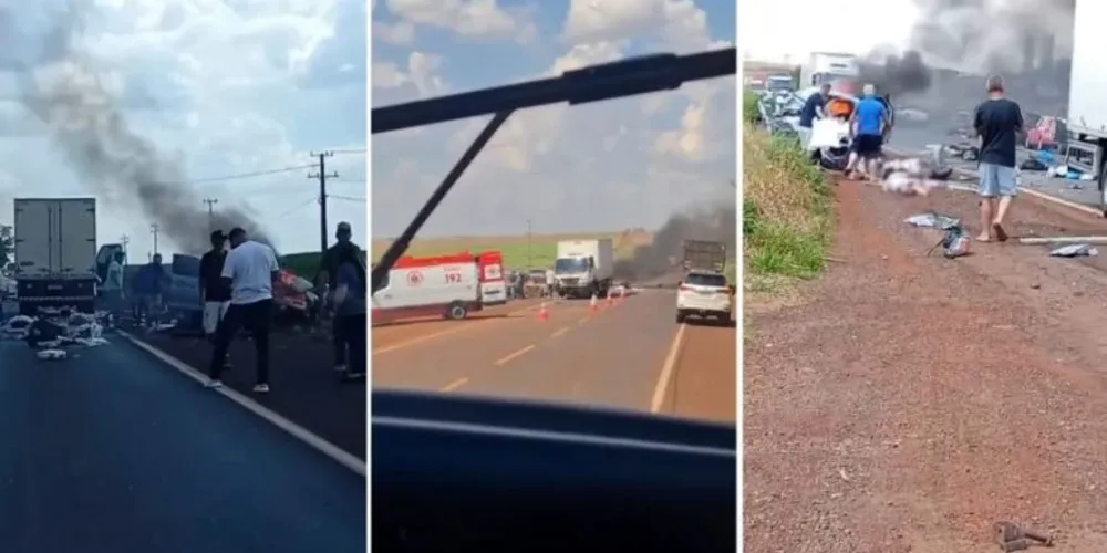 Mitsubishi ASX ficou destruída após ser atingida por dois caminhões e pegar fogo na BR-369