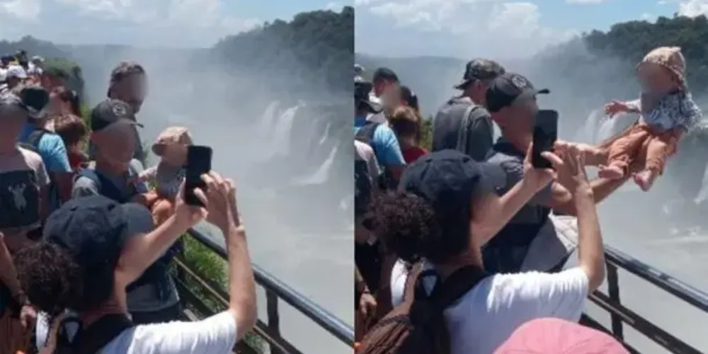 O adulto sustenta a criança no ar, ultrapassando a barreira instalada