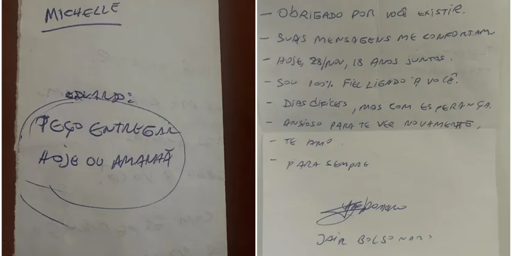 Michelle mostrou a carta que recebeu em comemoração aos 18 anos de casamento com Bolsonaro