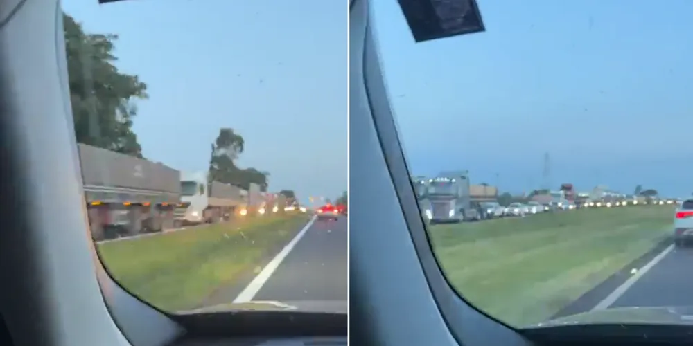 Um vídeo enviado por um seguidor na tarde desta quinta-feira (5) mostra fila de veículos que se estendem por quilômetros na rodovia