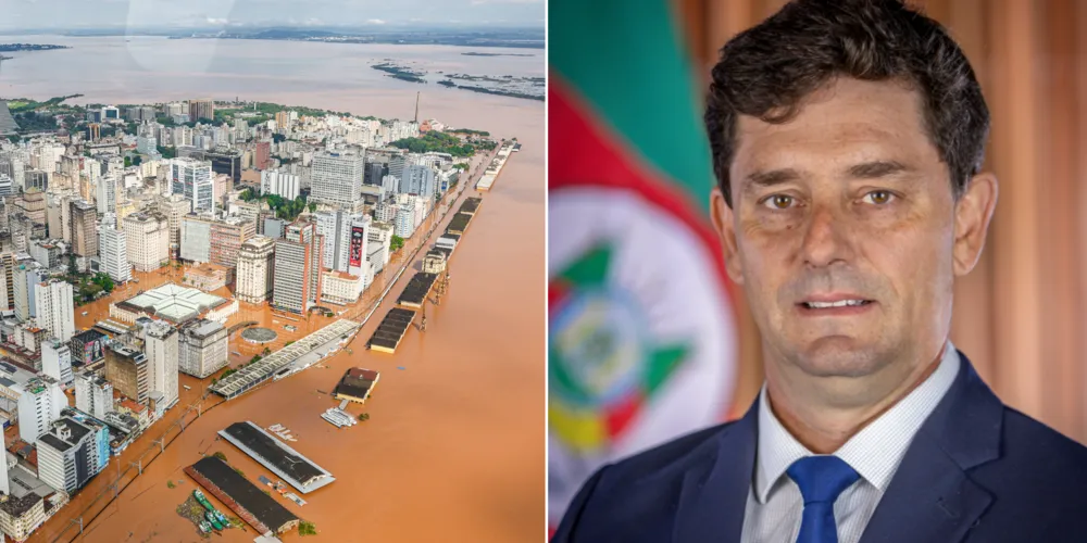 À esquerda, a capital do Rio Grande do Sul, Porto Alegre, debaixo d'água; à direita, o ex-prefeito de Lajeado, Marcelo Caumo