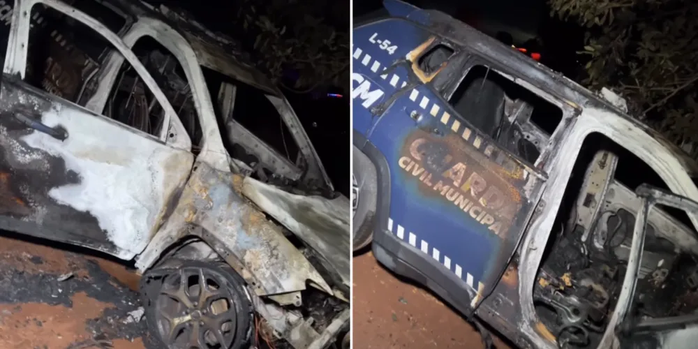 Carro da GCM após ser tomado pelas chamas