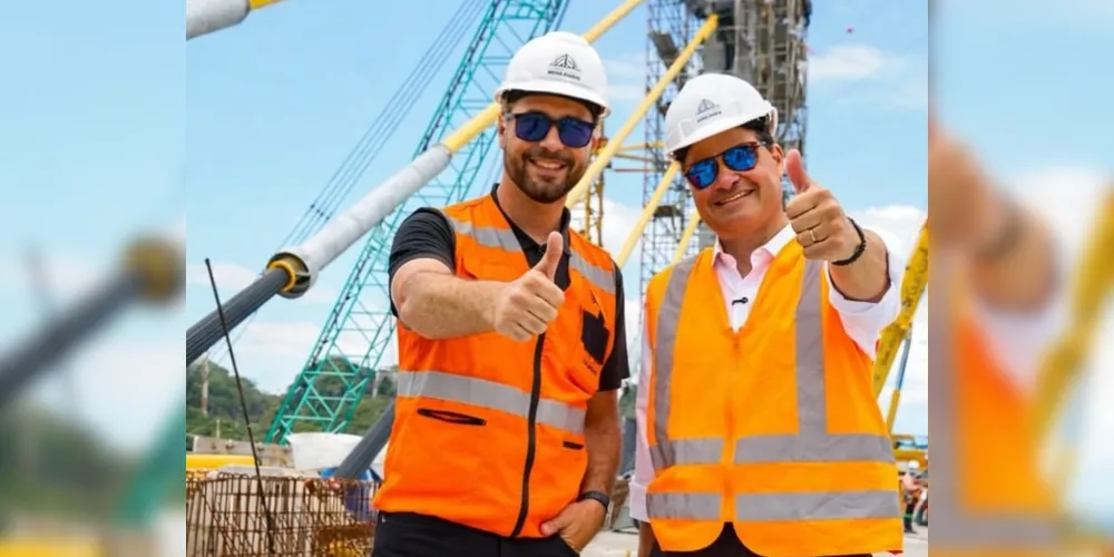 A imagem editada insere Alok ao lado de Sandro Alex nas obras da Ponte de Guaratuba