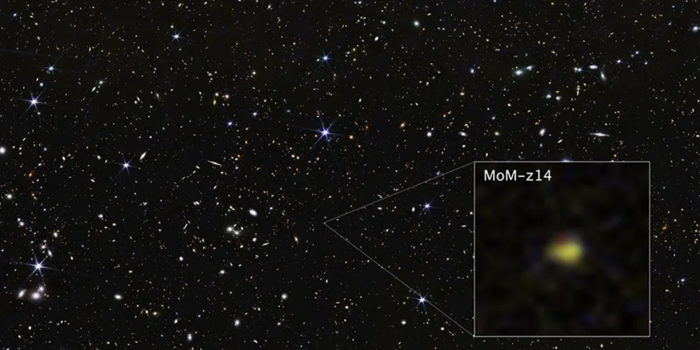 O Telescópio Espacial James Webb da NASA mostra a galáxia MoM-z14 como ela era em um passado distante, apenas 280 milhões de anos após o início do universo no Big Bang