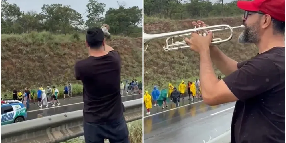 Mesmo debaixo de chuva, o militante de esquerda foi até a BR-040