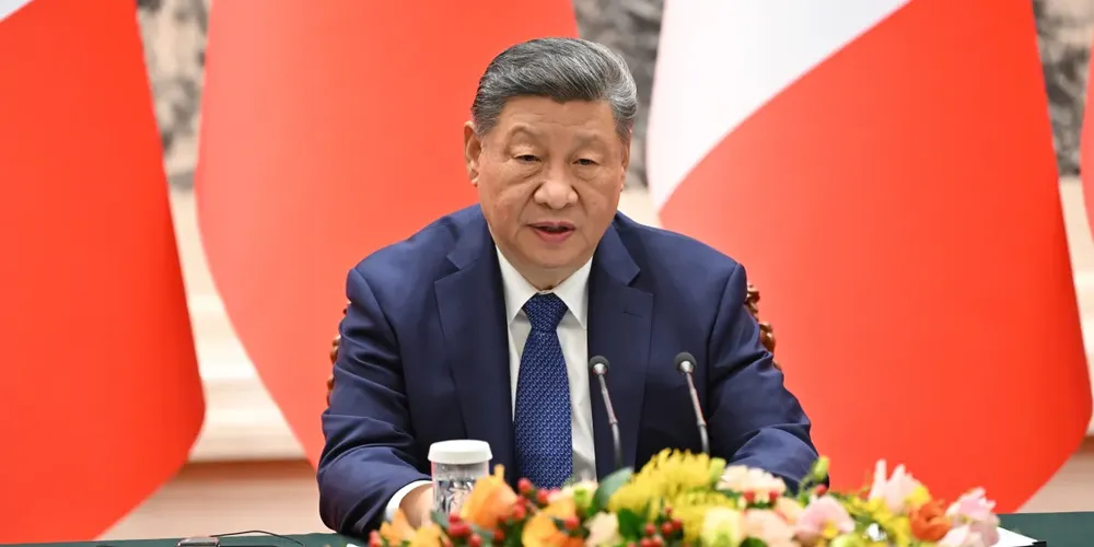 O presidente chinês Xi Jinping durante uma coletiva de imprensa conjunta no Grande Salão do Povo
