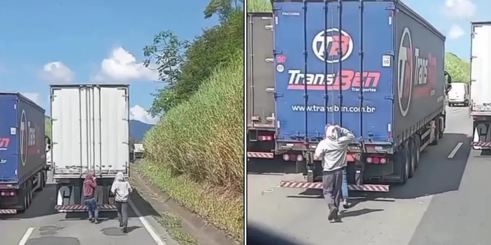 No vídeo, é possível ver os dois indivíduos tentando furtar mercadorias do baú dos veículos