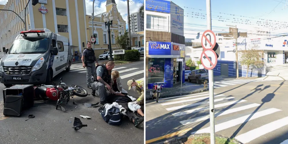 A van realizou uma conversão proibida no local, que conta com sinalização indicando a restrição, e acabou atingindo o motociclista