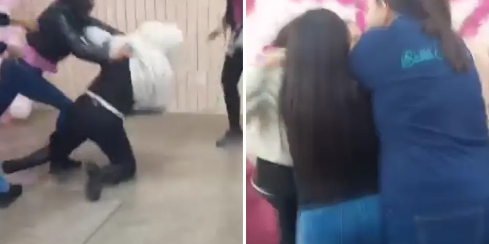 Nas imagens, é possível ver o momento em que uma discussão entre mulheres evolui para agressões físicas, com empurrões e chutes