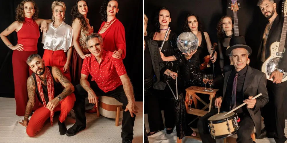 Seis integrantes do Rosa Armorial - Carla Zago (violino), Marcela Zanette (flautas transversais), Du Gomide (viola e shynts), Bruna Buschle (Baixo acústico e elétrico), Gabriela Bruel (percussão) e Denis Mariano (bateria)