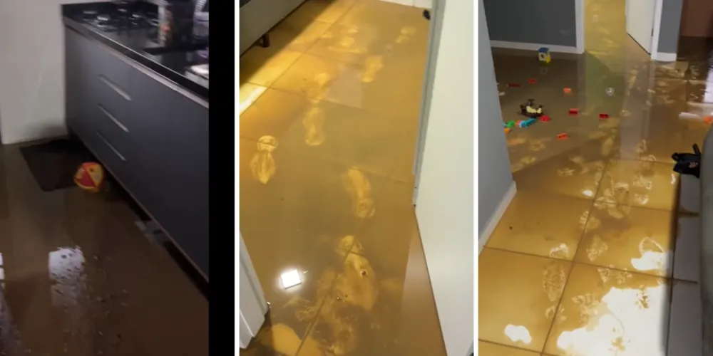 A estrutura caiu durante o temporal e a lama invadiu completamente a casa