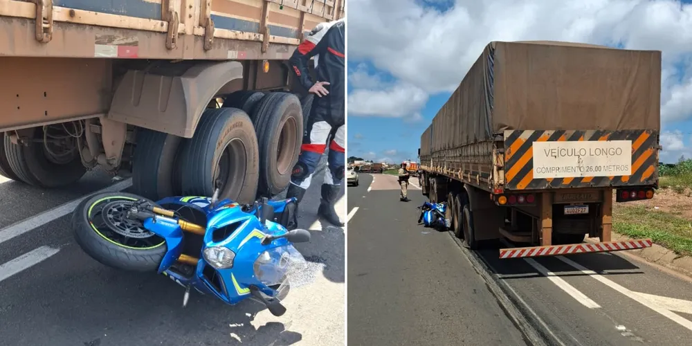 Moto ficou presa sobre eixo do caminhão