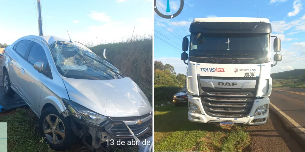 Os veículos envolvidos no acidente na PRC-466 sofreram danos após a colisão