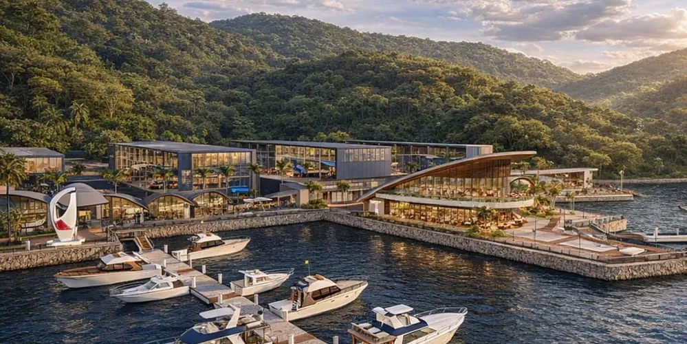 A marina, principal estrutura do empreendimento, contará com 303 vagas molhadas (para embarcações atracadas na baía) e 400 vagas secas (para embarcações alocadas internamente)