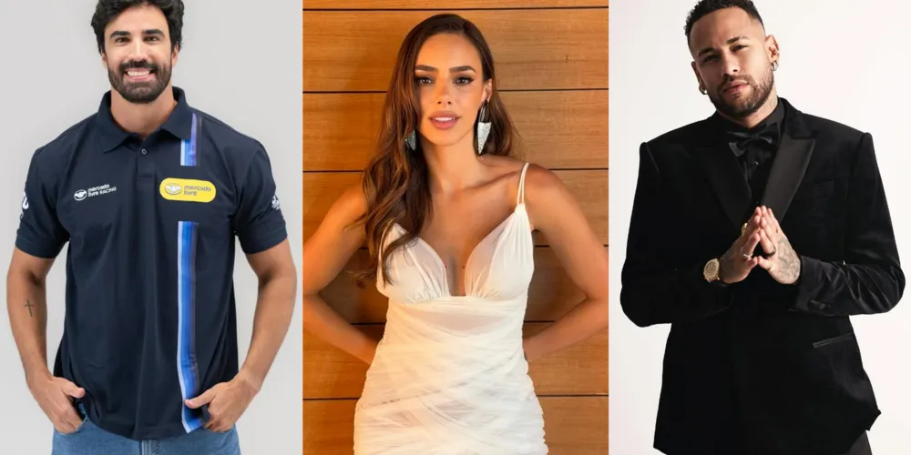 À esquerda, o piloto de Stock Car Cesar Ramos, ao centro, Bruna Biancardi e à direita, Neymar, jogador do Santos