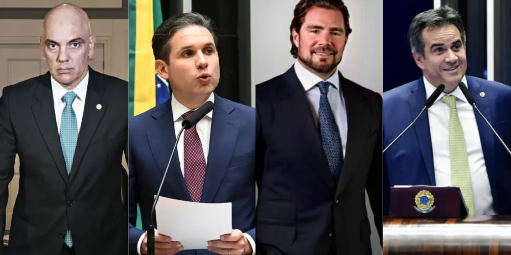 Em ordem, da esquerda para à direita: Alexandre de Moraes, Hugo Motta, Daniel Vorcaro e Ciro Gomes