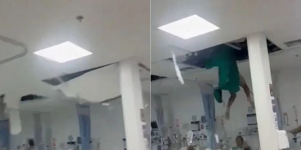 Pessoas que estavam no hospital registraram o momento em que homem despencando do teto