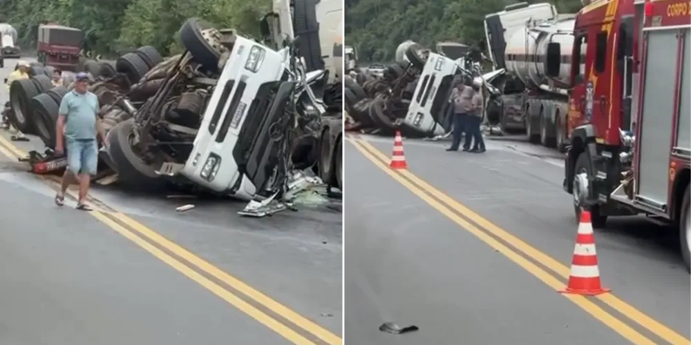 As carretas colidiram-se em meio as vias