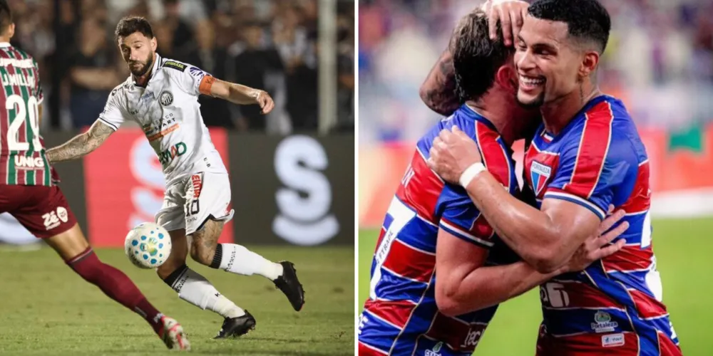 Boschilia com a camisa do Fantasma e Maílton, defensor do Fortaleza