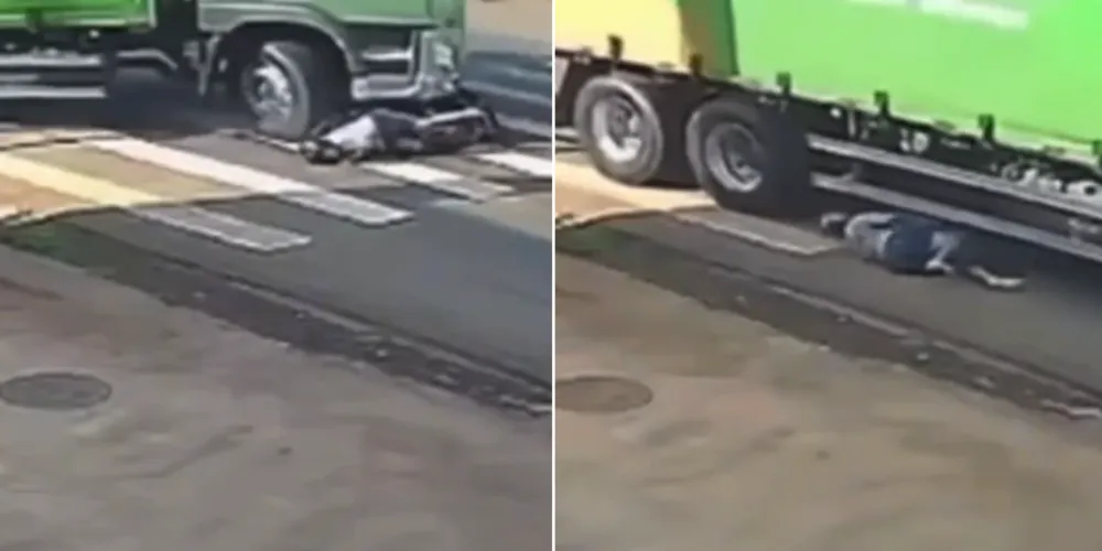 Motociclista rolou para escapar dos rodados do caminhão