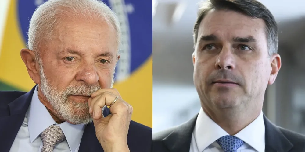 O presidente Lula, à esquerda, e o senador Flávio Bolsonaro, à direita