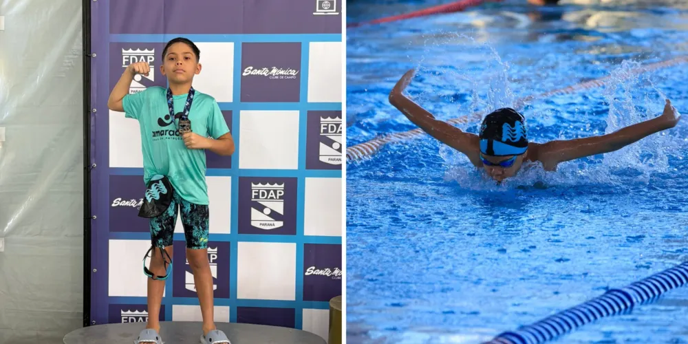 O atleta de natação, Emanuel Bueno Ferreira, de 8 anos