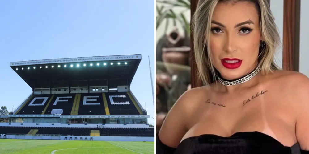 O estádio do Operário Ferroviário Esporte Clube (Ofec) e Andressa Urach, embaixadora da 'Fatal Fans', nova patrocinadora do time