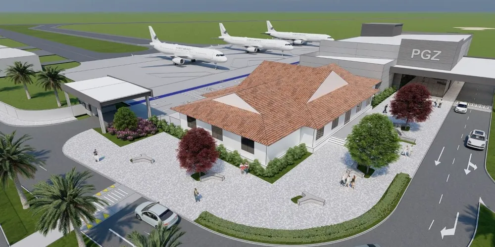 Atualmente, o Aeroporto de Ponta Grossa passa por um projeto ampliação do pátio de aeronaves, taxiway e estacionamento; a imagem ilustra como o sítio aeroportuário deve ficar