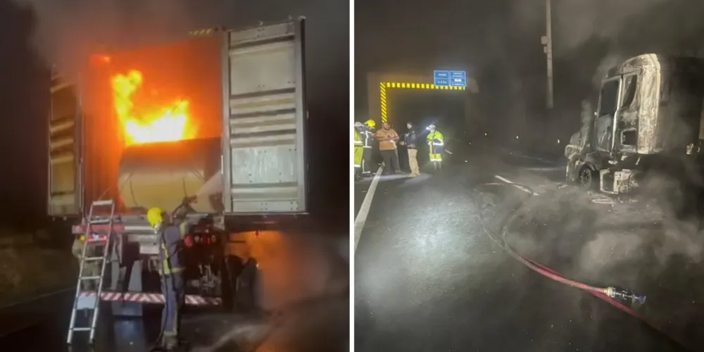 O incêndio na BR-277 deixou a rodovia interditada na madrugada desta quarta-feira (22)