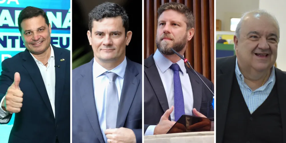 Os pré-candidatos ao governo do Paraná, Sandro Alex (PSD), Sergio Moro (PL), Requião Filho (PDT) e Rafael Greca (MDB)