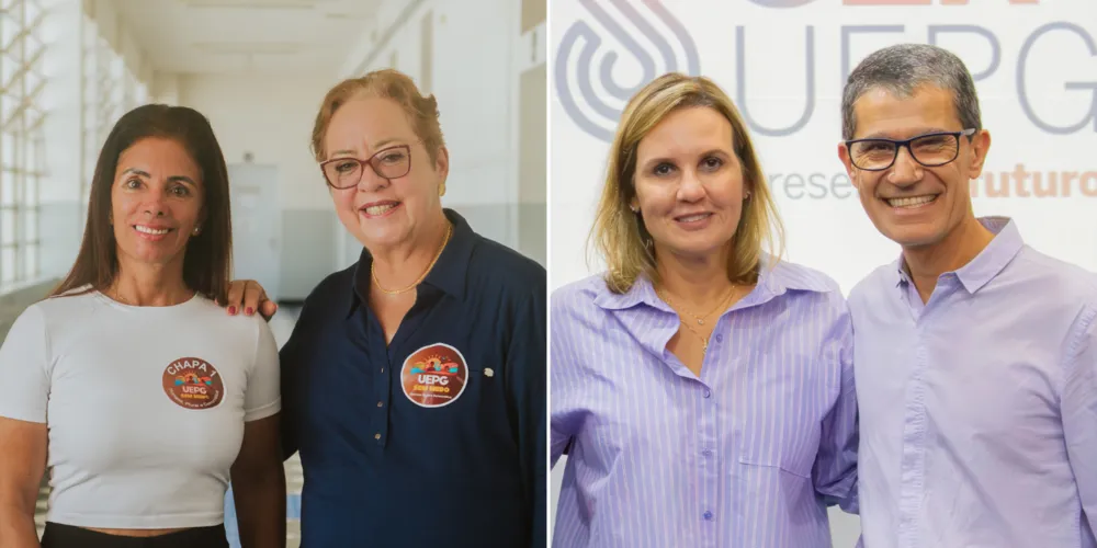 As candidatas da chapa 'UEPG sem medo', Jeaneth Nunes e Marilisa Oliveira; e os candidatos da chapa 'Ser UEPG', Adriana Campagnoli e Ivo Mottin Demiate