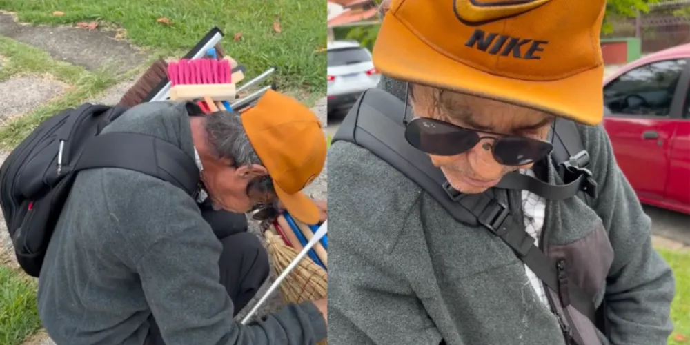 Nas imagens, Natalia aborda o vendedor, identificado como Celso, enquanto ele comercializa vassouras e rodos nas ruas da cidade