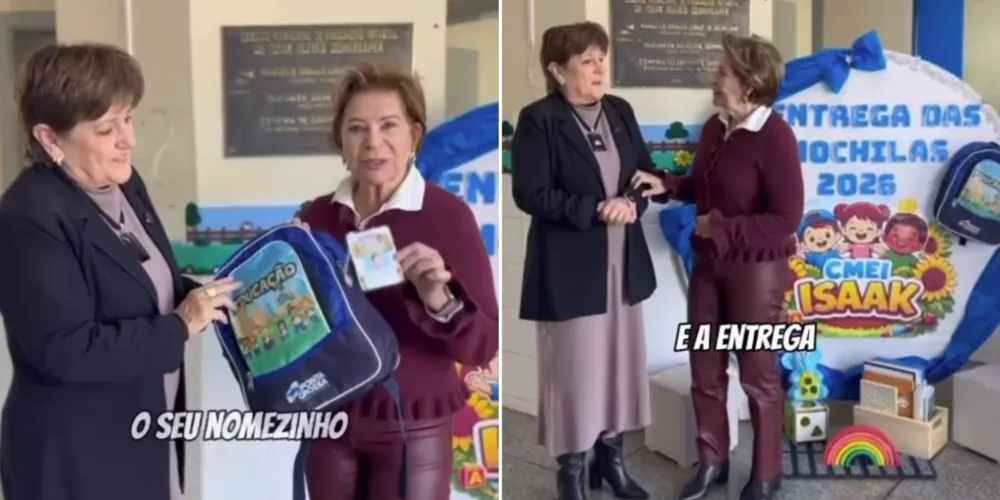 Prefeita Elizabeth e a secretária da educação Joana D'Arc participaram da entrega das mochilas no CMEI Dr. Isaak Alfred Schilklaper