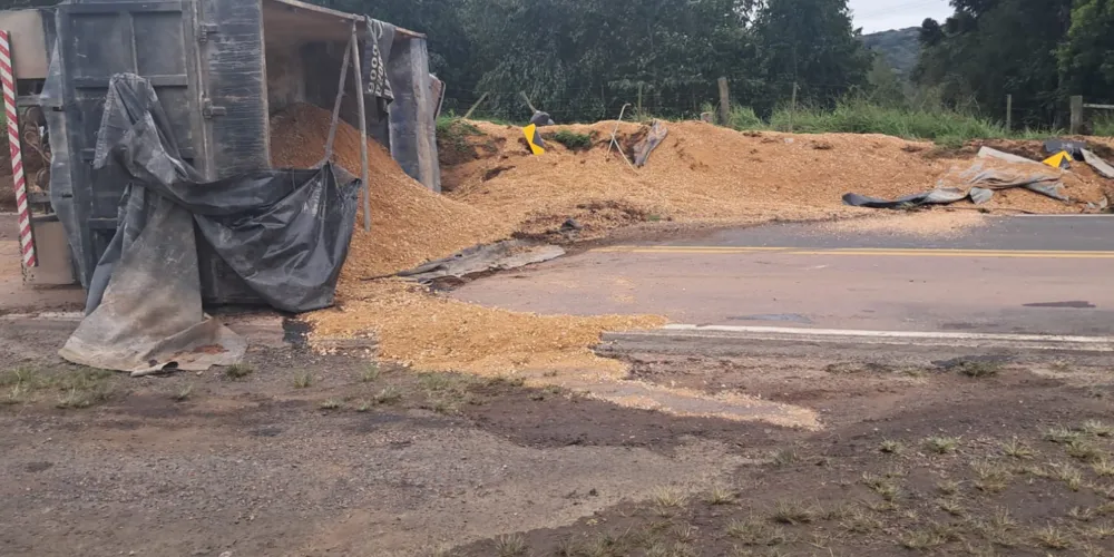Caminhão seguia pela rodovia quando se envolveu em um sinistro do tipo tombamento